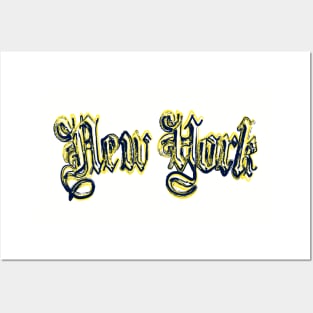 New York Brush Stroke Logo Yellow and Navy Posters and Art